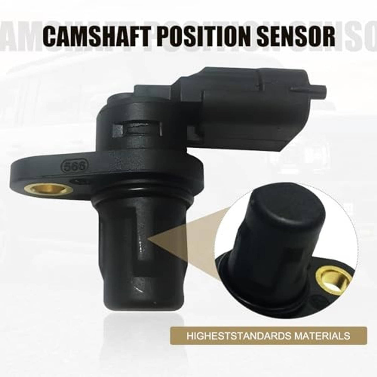 Black camshaft position sensor with gold mounting hole and close-up detail view
