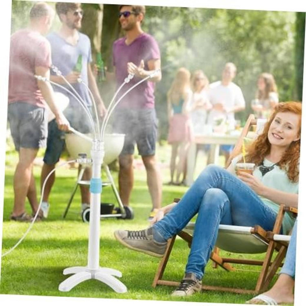 Outdoor patio misting stand with white base and multi-nozzle spray for yard cooling