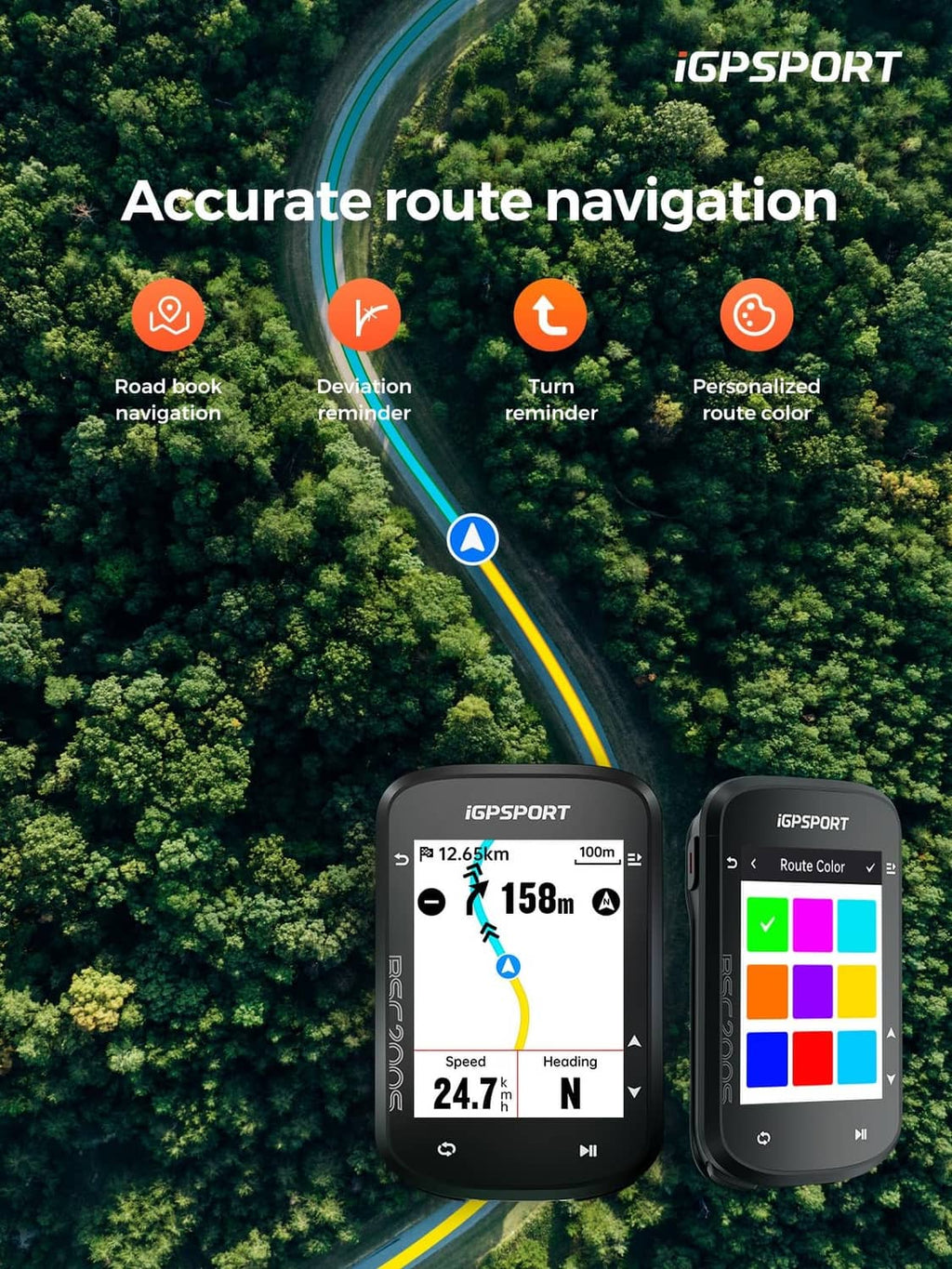 GPS bike computer pair: left shows route arrow, right shows multi-color data UI