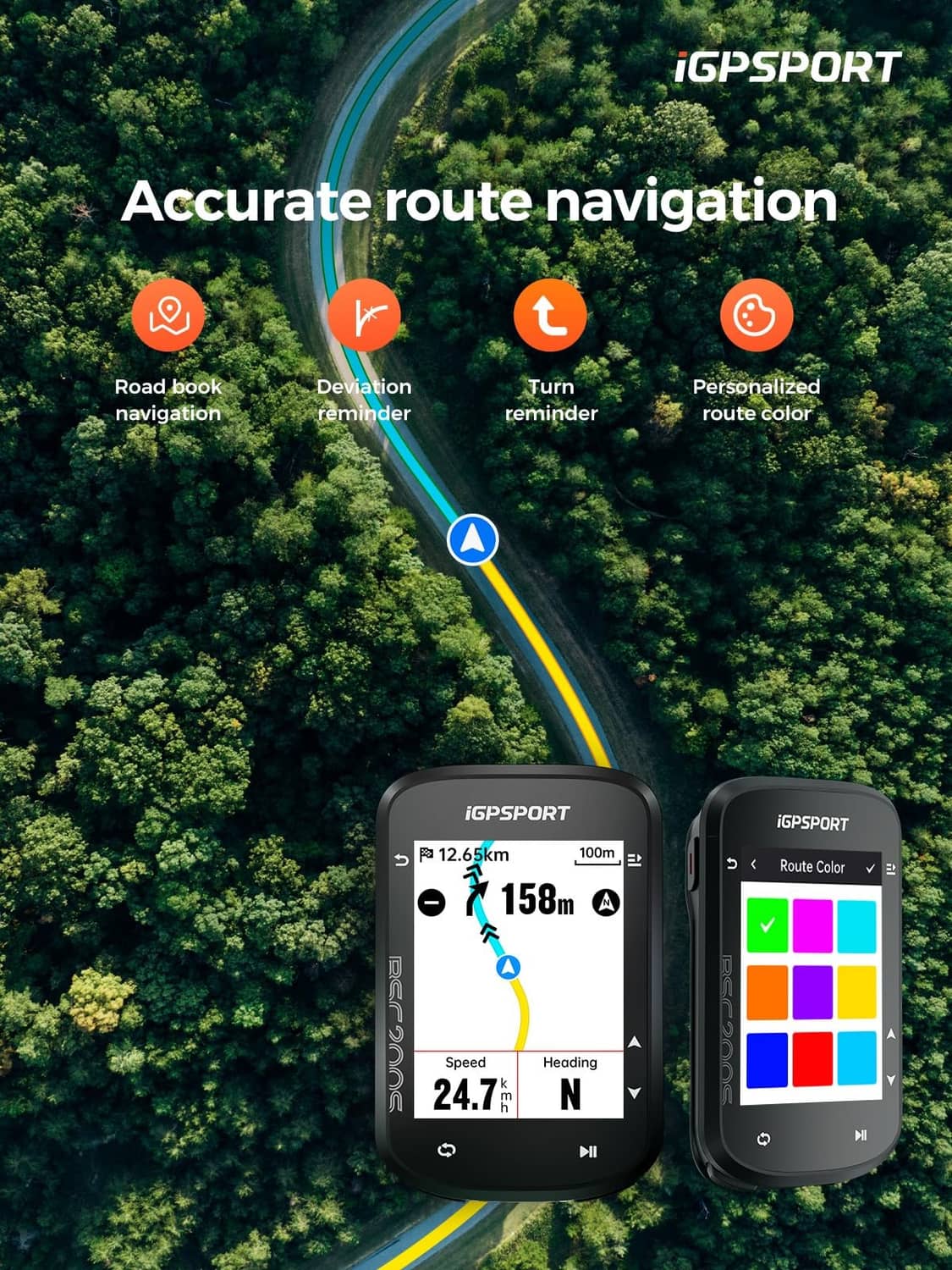 GPS bike computer pair: left shows route arrow, right shows multi-color data UI