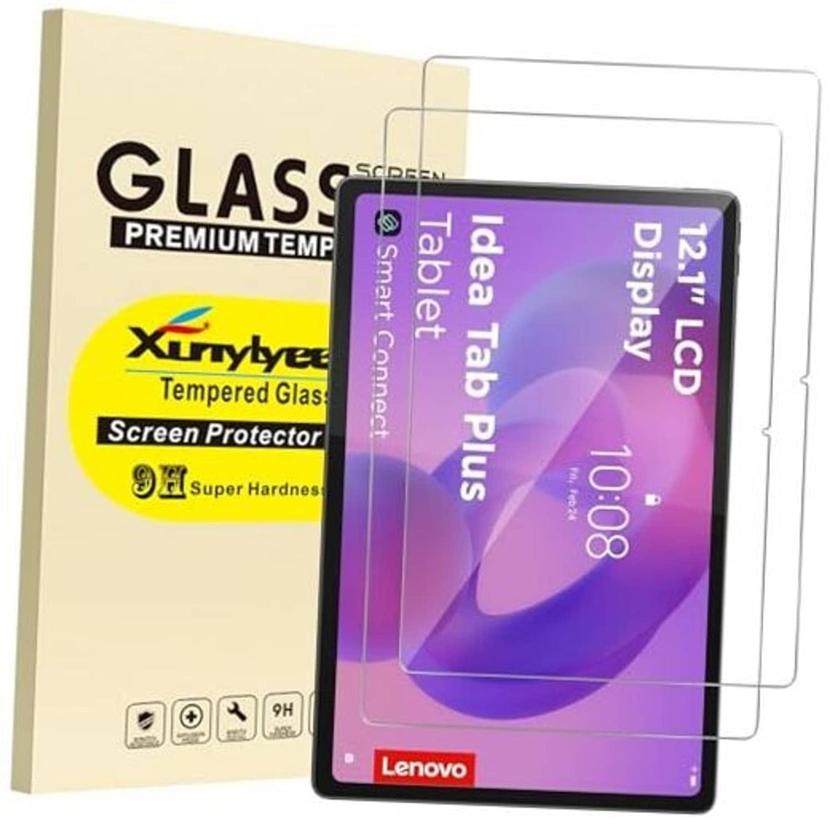 Clear tempered glass screen protectors for a 12.1-inch tablet, layered on display