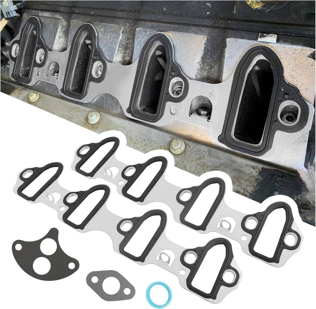 Intake manifold gasket set and small gaskets shown near an engine intake manifold