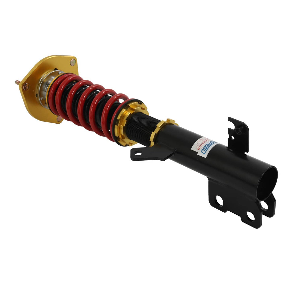 Adjustable coilover lowering strut assembly with black shock body, red spring, gold collar