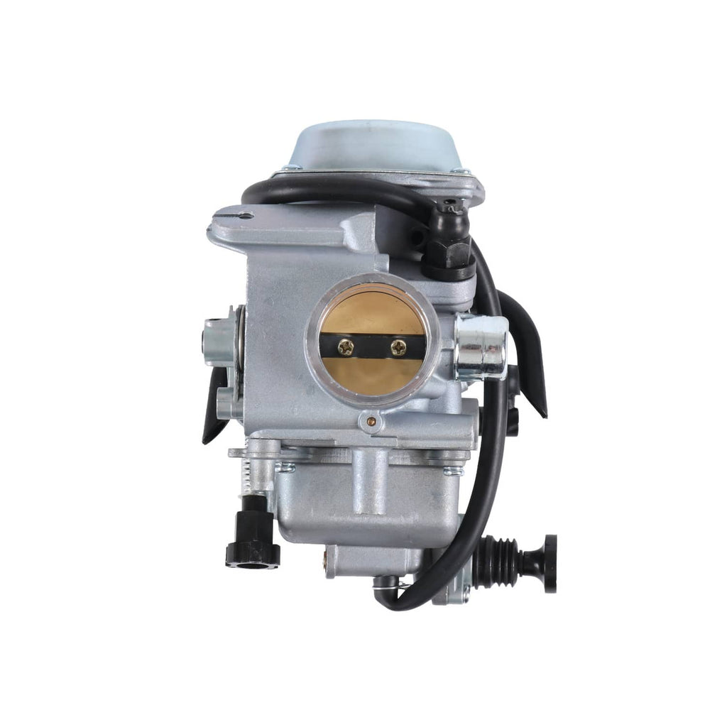 ATV carburetor with brass throttle bore, black hoses, and air box intake fitting