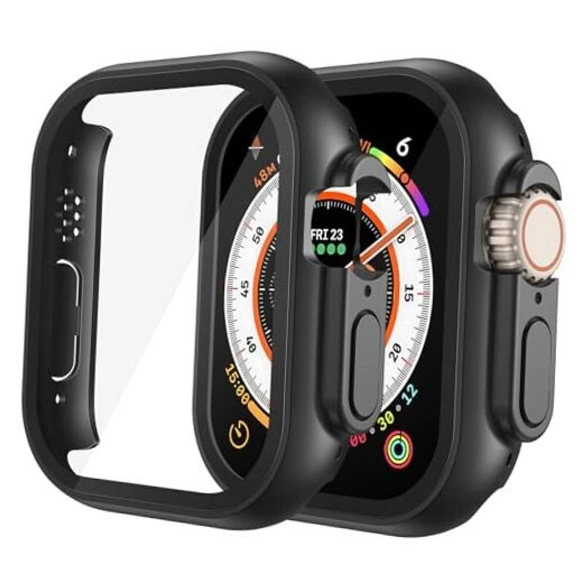 Black hard PC smartwatch case with tempered-glass screen protector, 2-pack (shown together)