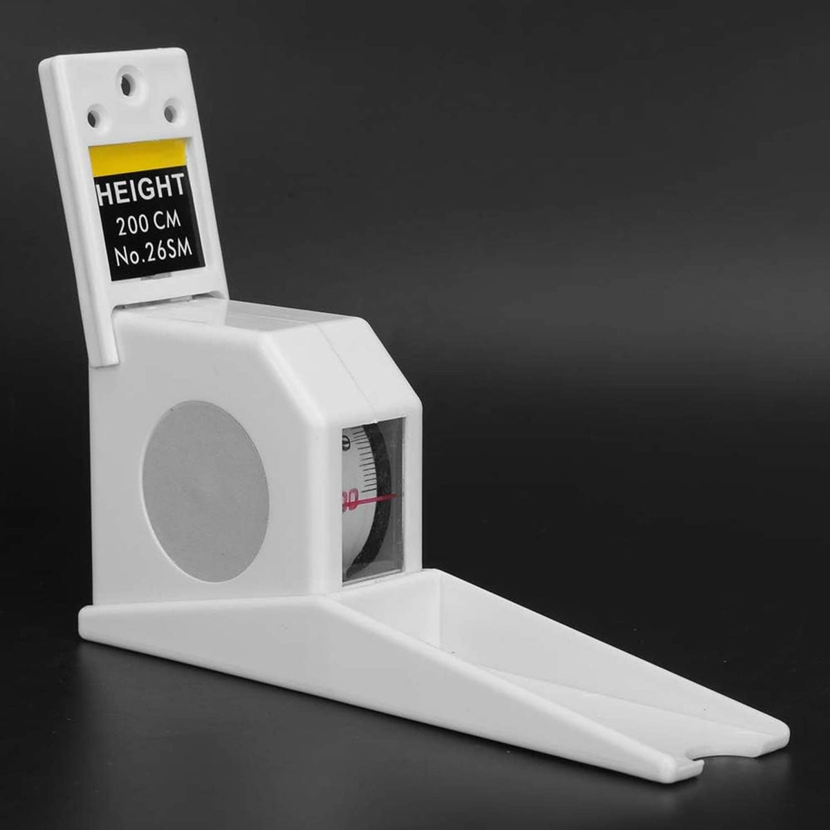 Retractable height measuring meter with wide base and measurement window
