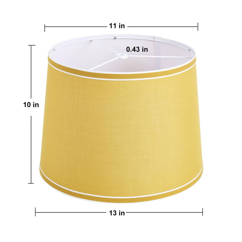 Yellow drum lampshade with white trim, 10 in height and 13 in diameter