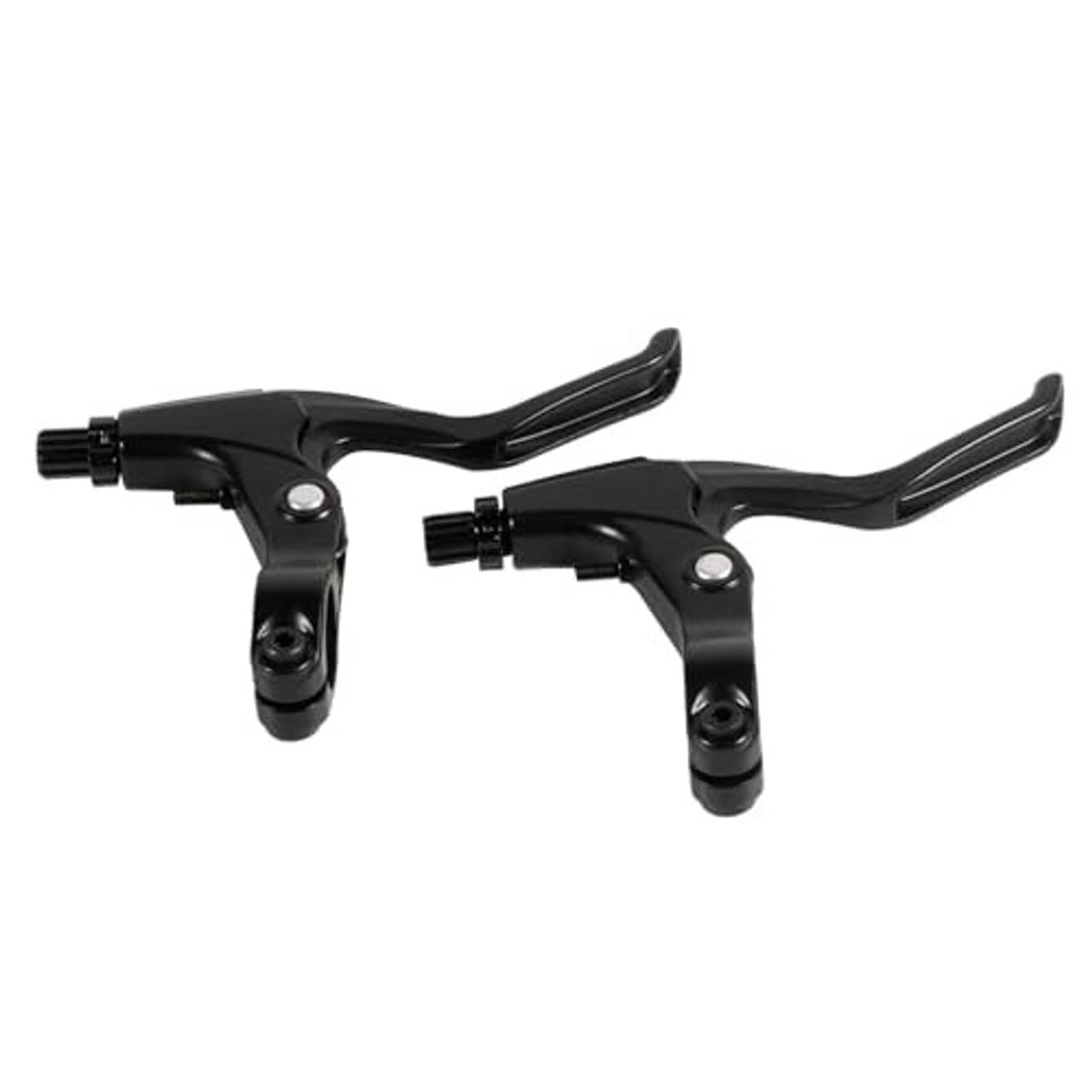 Pair of black mountain bike brake levers with curved short handles and mounting brackets