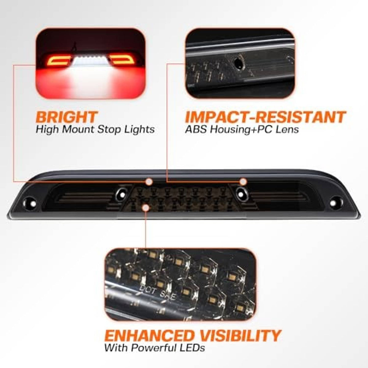 Third brake light lens with red LED outlines and impact-resistant ABS housing