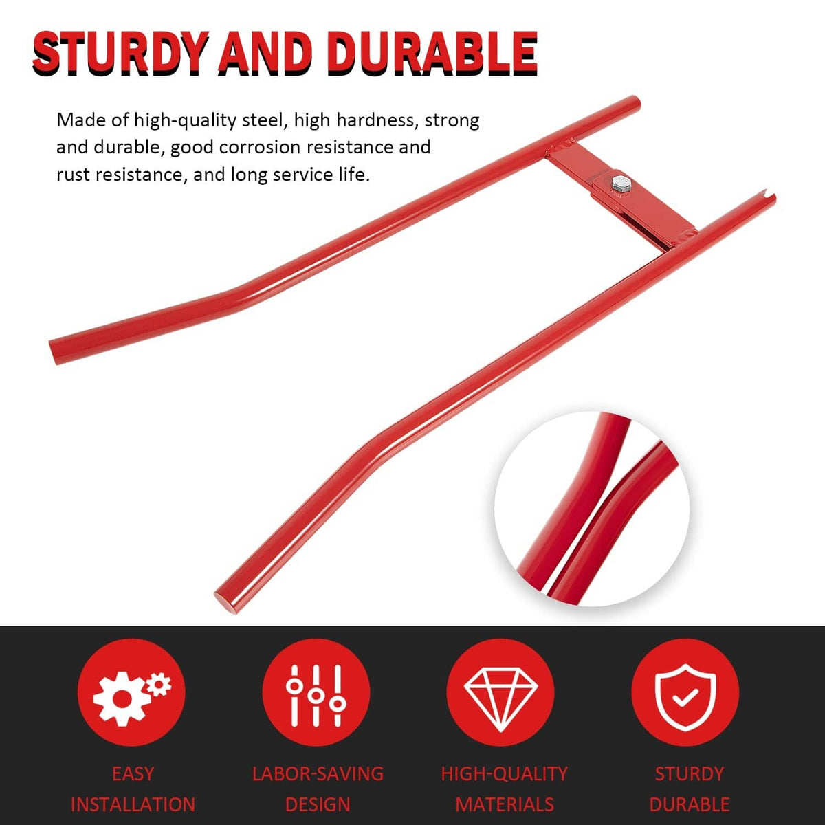 Red steel brake spring tool with two long bars and reinforced U-shaped support