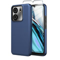 Blue textured phone case with raised edges and camera cutouts, plus tempered glass screen protector