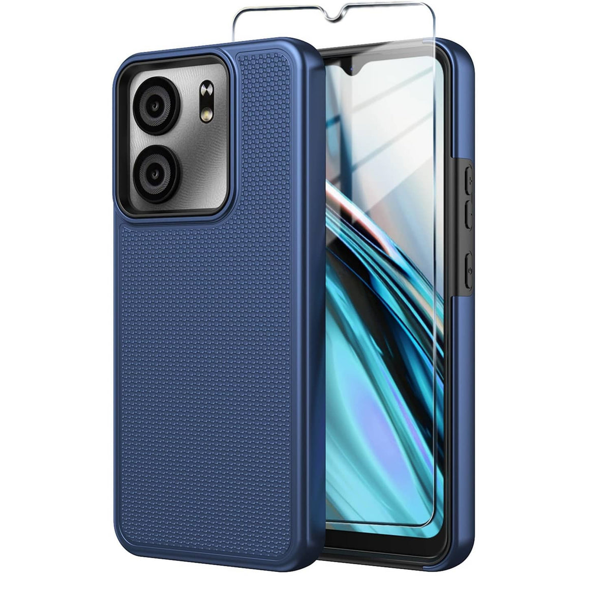 Blue textured phone case with raised edges and camera cutouts, plus tempered glass screen protector