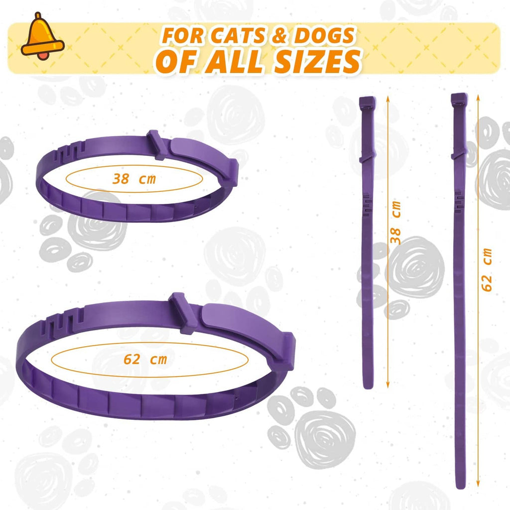 Purple adjustable calming pet collar with length measurement, including two sizing rods