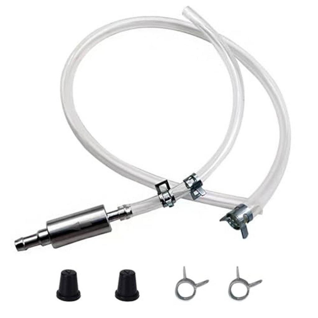 Brake bleeder kit with clear hose, check valve, metal pump handle, and two rubber caps