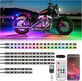 8-piece RGB motorcycle LED light strips with remotes and app phone, glowing on bike