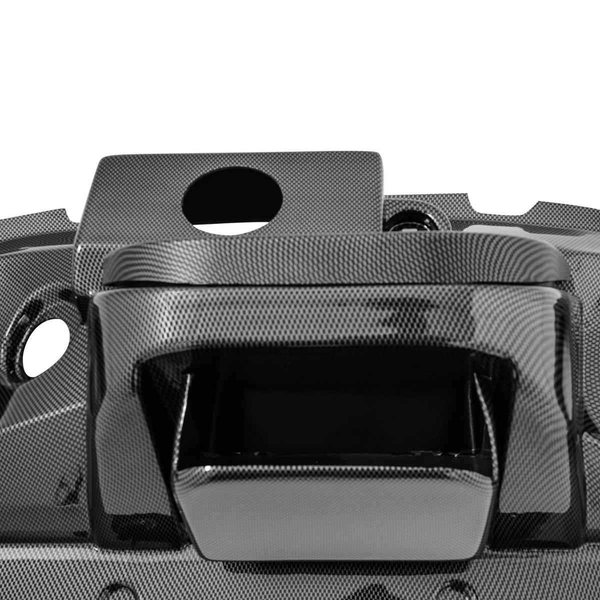 Close-up of black carbon fiber dash cover with rectangular screen opening and top slot
