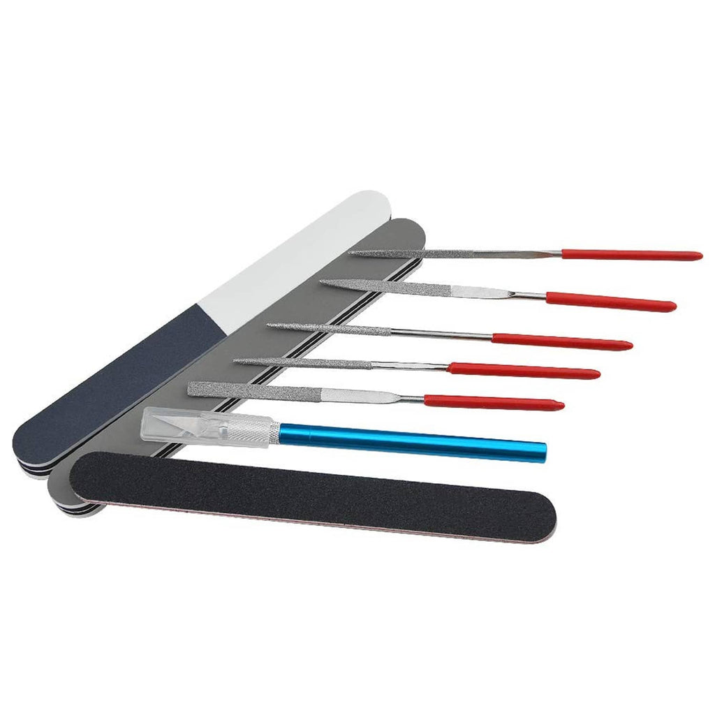 Sanding boards with gray and black pads plus metal blades with red and blue handles
