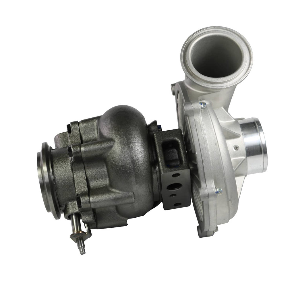 Turbocharger side view with inlet elbow, compressor housing, and silver mounting flange