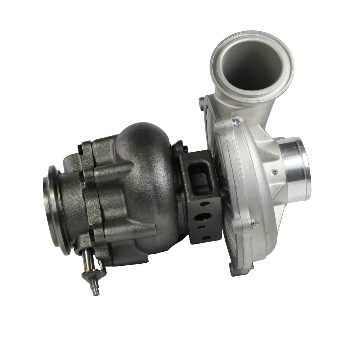 Turbocharger side view with inlet elbow, compressor housing, and silver mounting flange