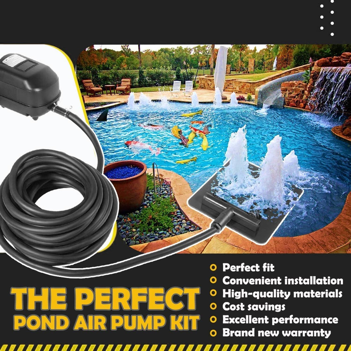 Pond air pump kit with diffuser base, weighted air line, and power cord