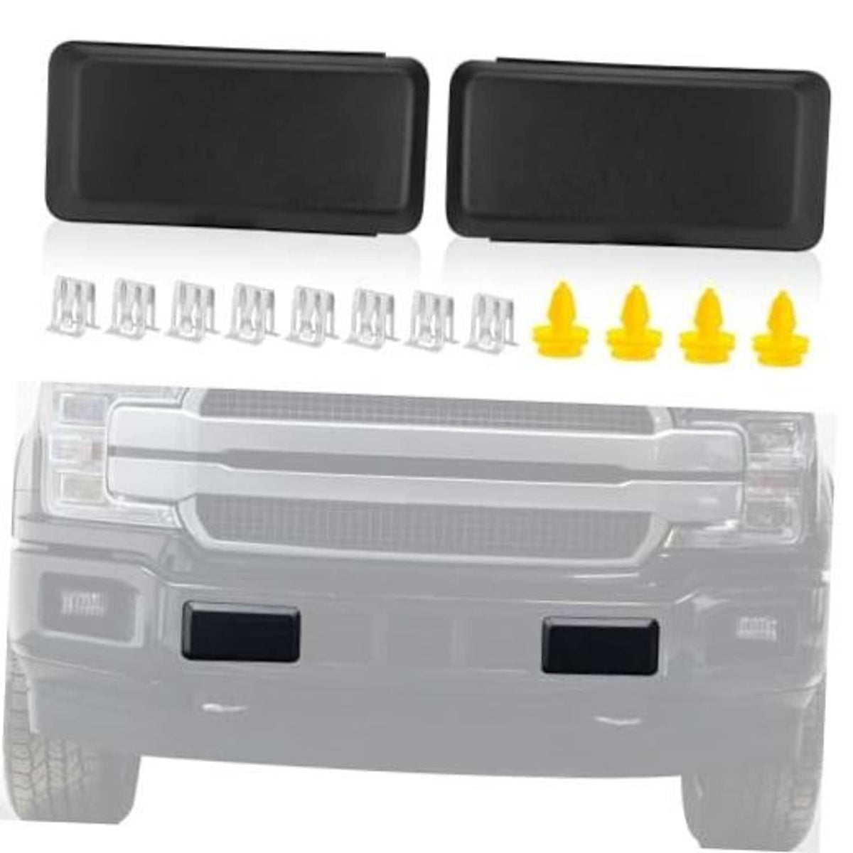Set of two dark front bumper guard pad covers with mounting clips and yellow tabs