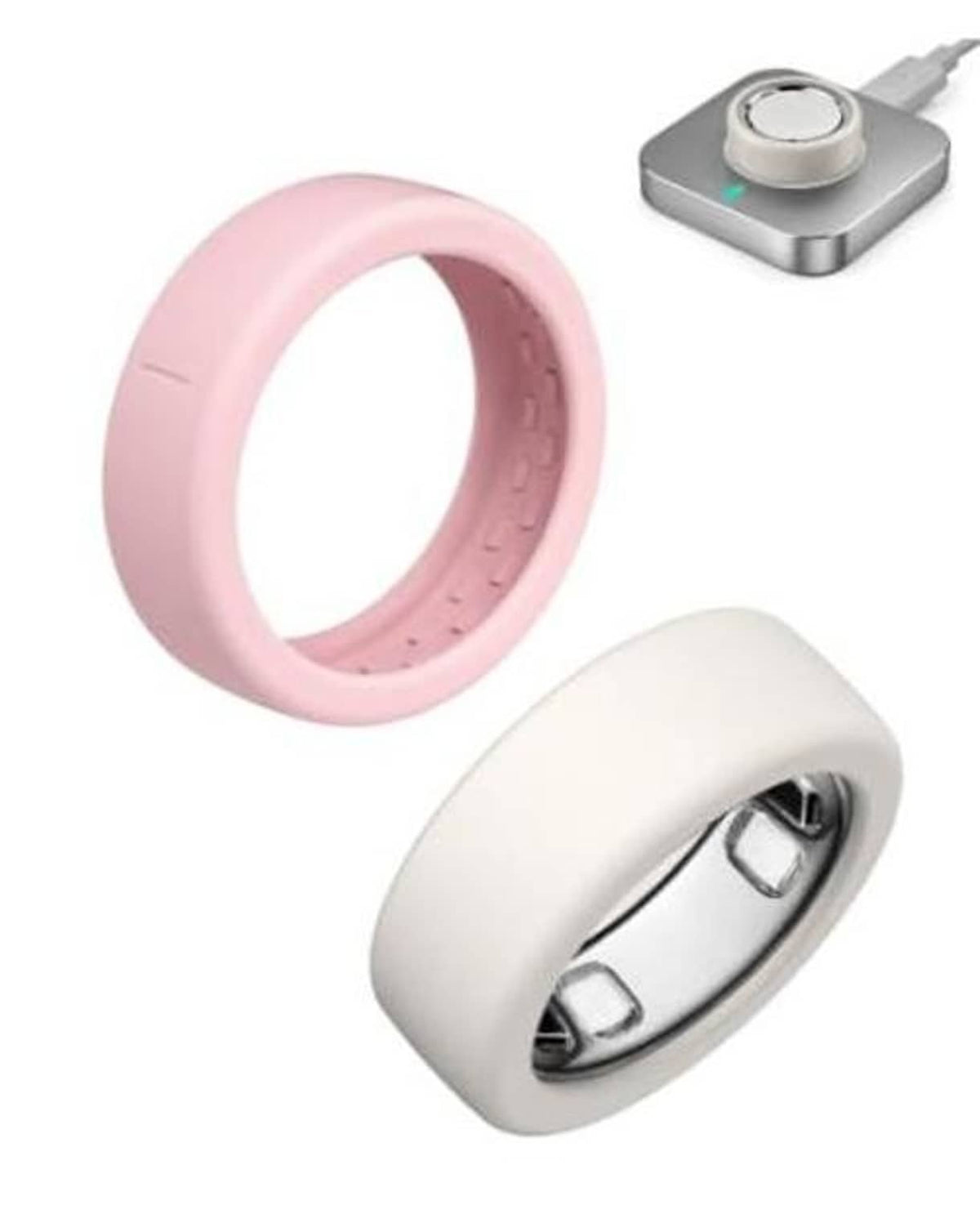 Silicone ring covers, pink and light cream, with open interior for Oura-style smart ring