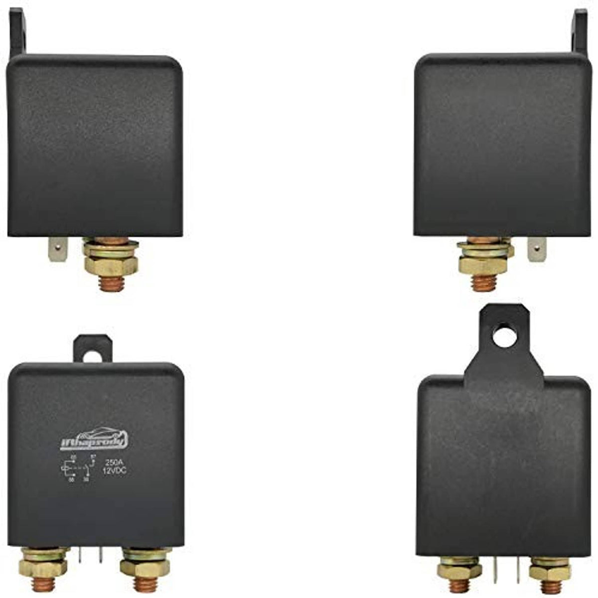 12V 4-pin relay set showing multiple views of black housing and brass terminals
