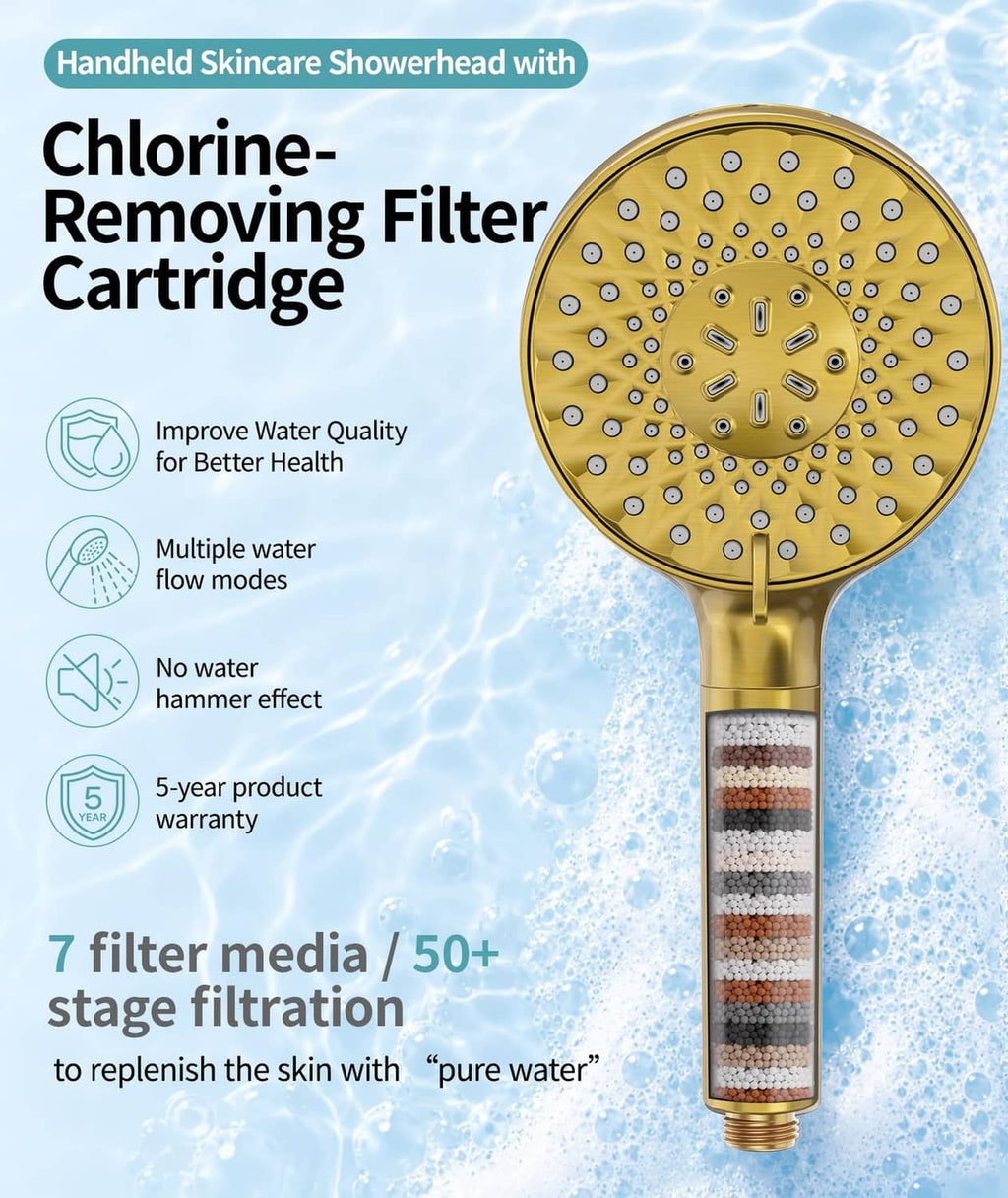 Brushed gold showerhead with visible internal filter cartridge