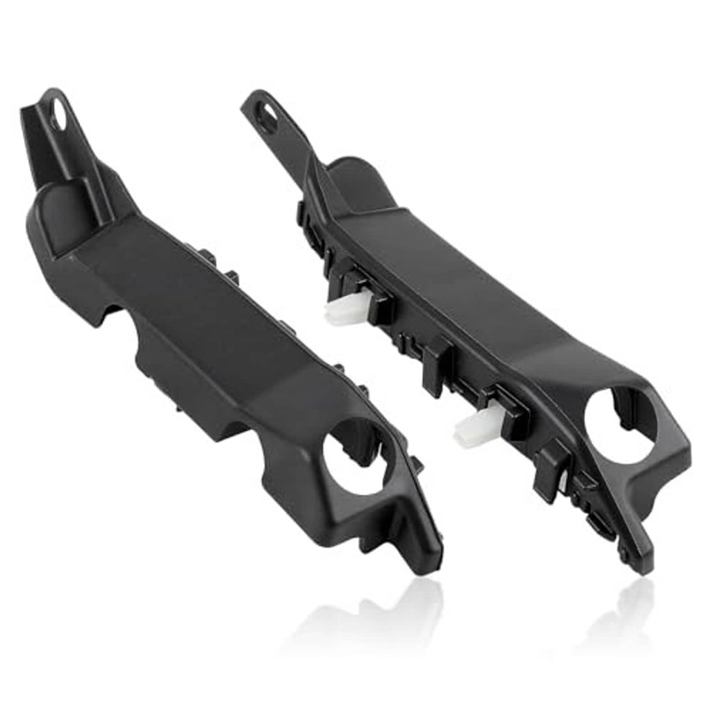 Two black front bumper bracket assemblies with clip tabs and mounting holes