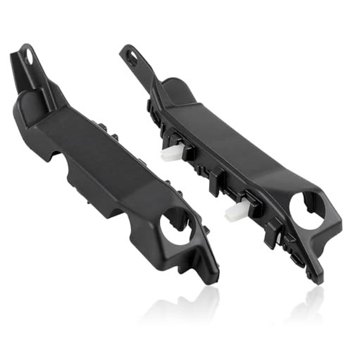 Two black front bumper bracket assemblies with clip tabs and mounting holes