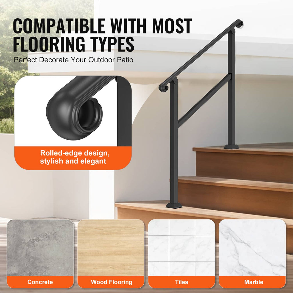 Black stair handrail on outdoor steps with rounded, rolled-edge grip