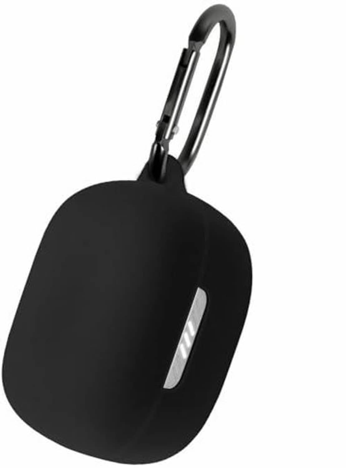 Black silicone earbud charging case with metal keyring clip, side view