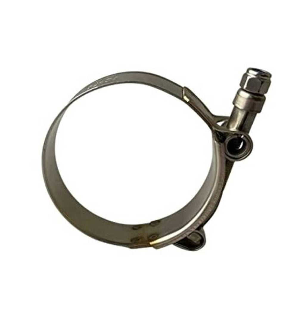 Stainless steel T-bolt hose clamp with wide band and hex tightening screw assembly