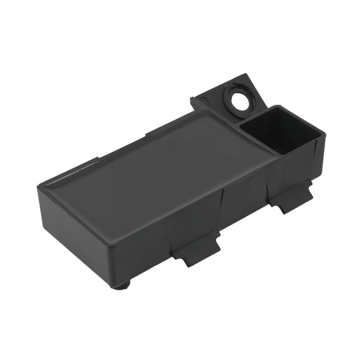 Black electronic control unit module with mounting hole and connector bay
