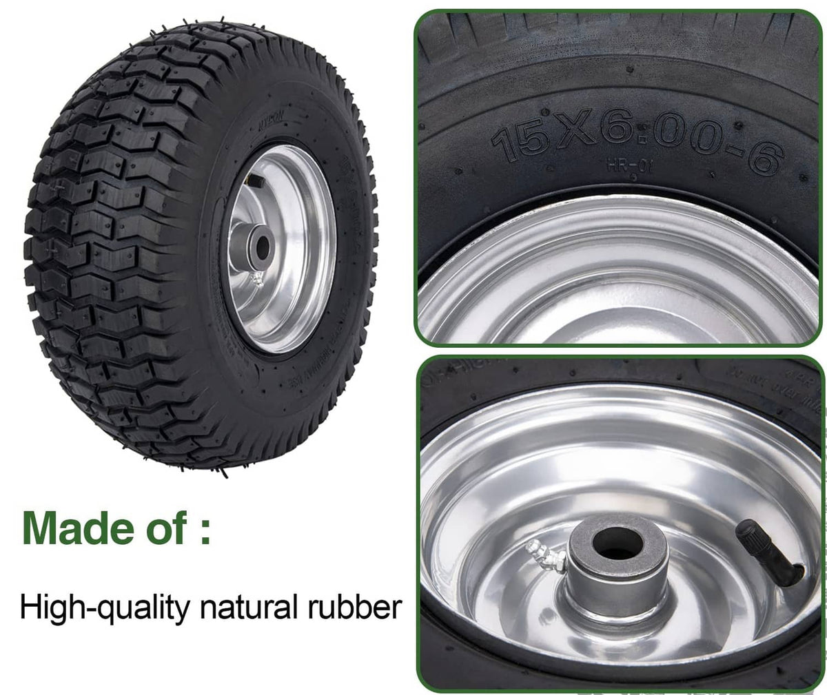 Black rubber lawn mower tire with silver wheel rim, embossed sidewall