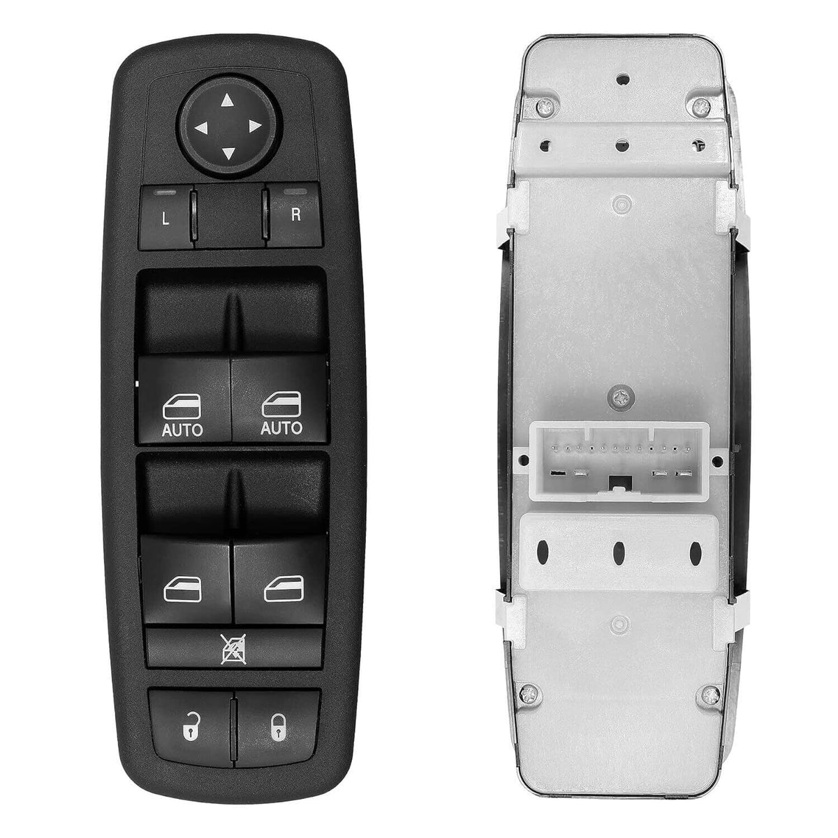 Black power window master control switch with arrow buttons and lock icons