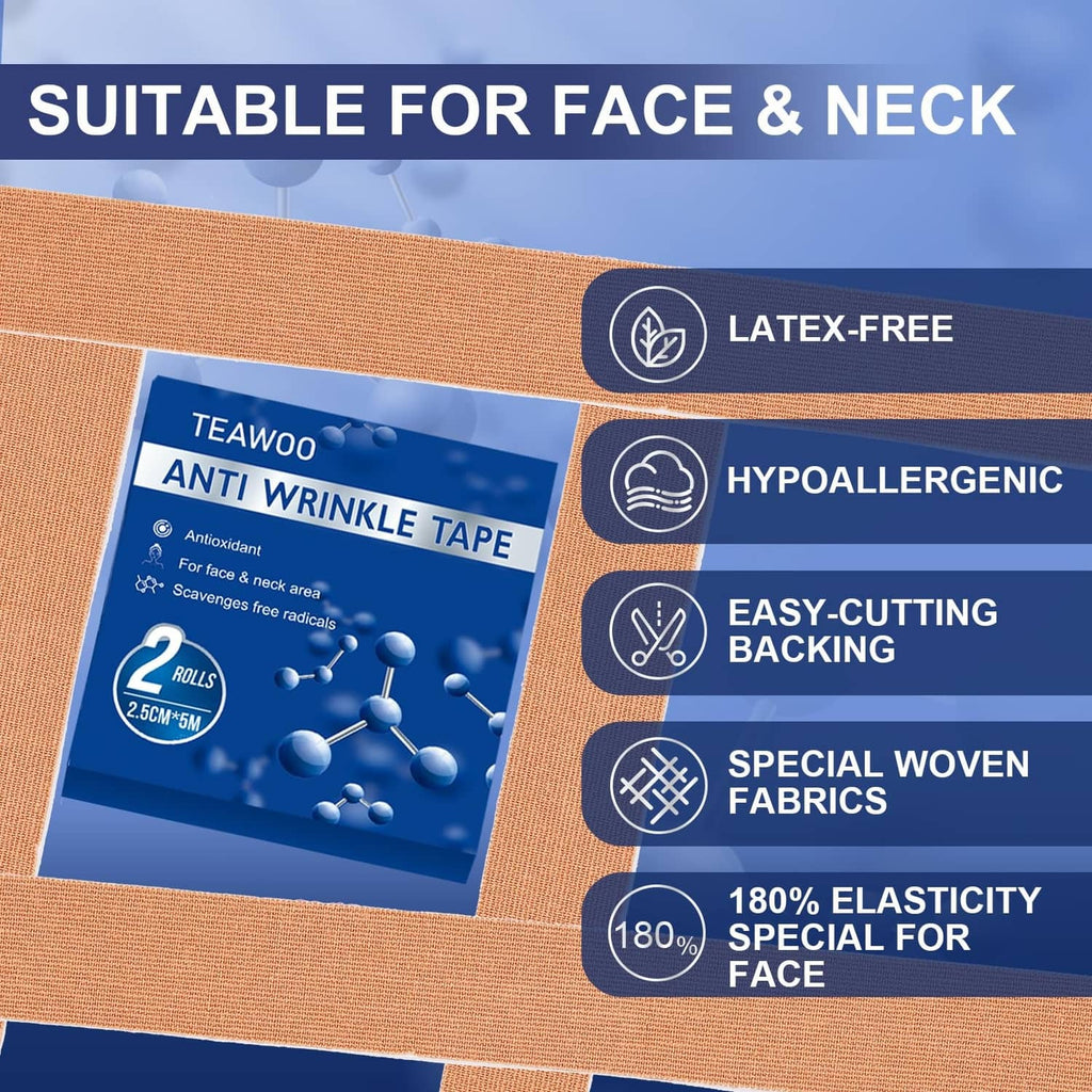 Beige anti-wrinkle tape on skin with product box and feature icons