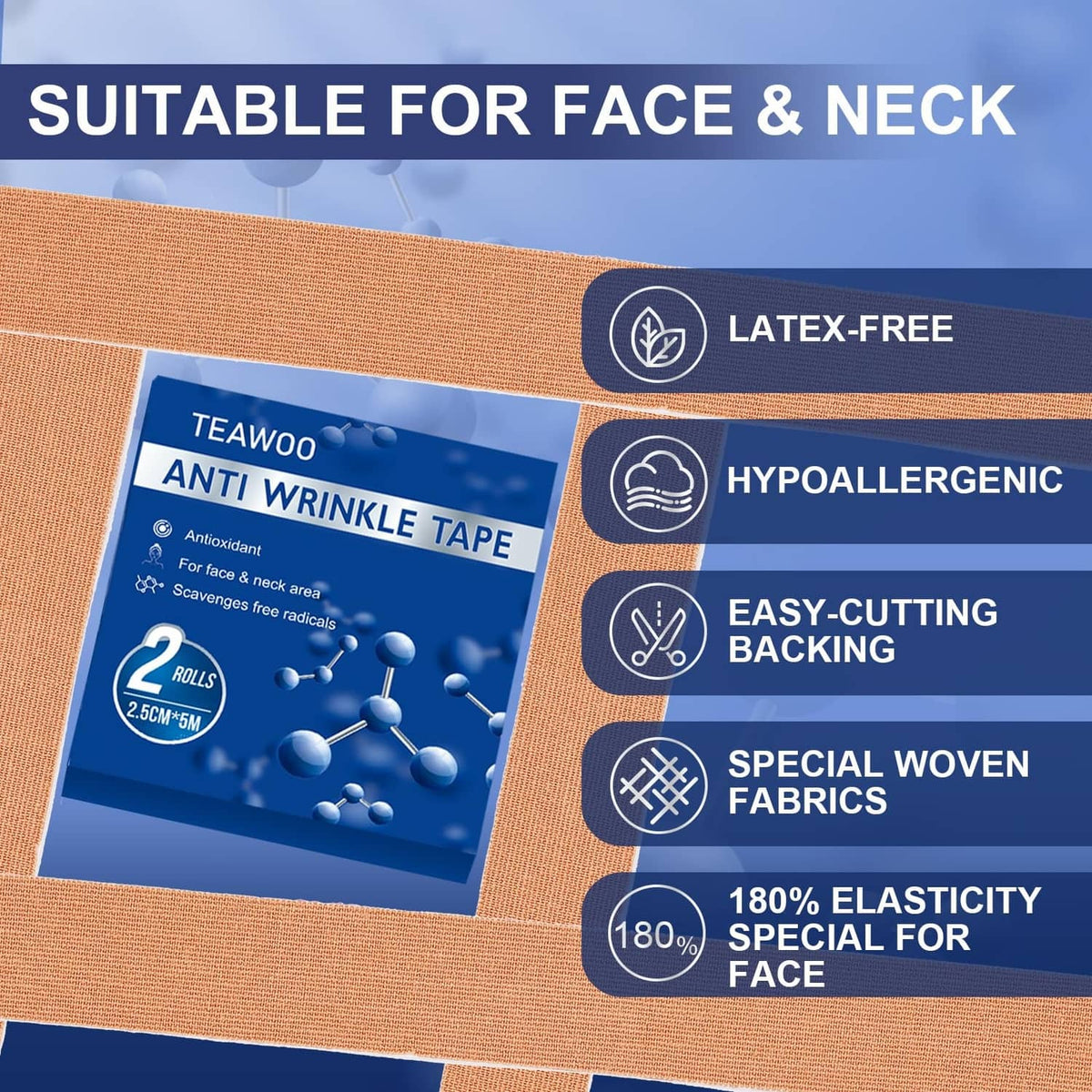 Beige anti-wrinkle tape on skin with product box and feature icons