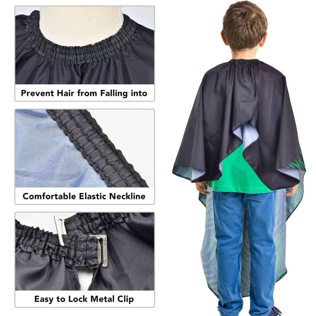 Kids haircut cape details: elastic neck and metal clip, black with green dinosaur graphic
