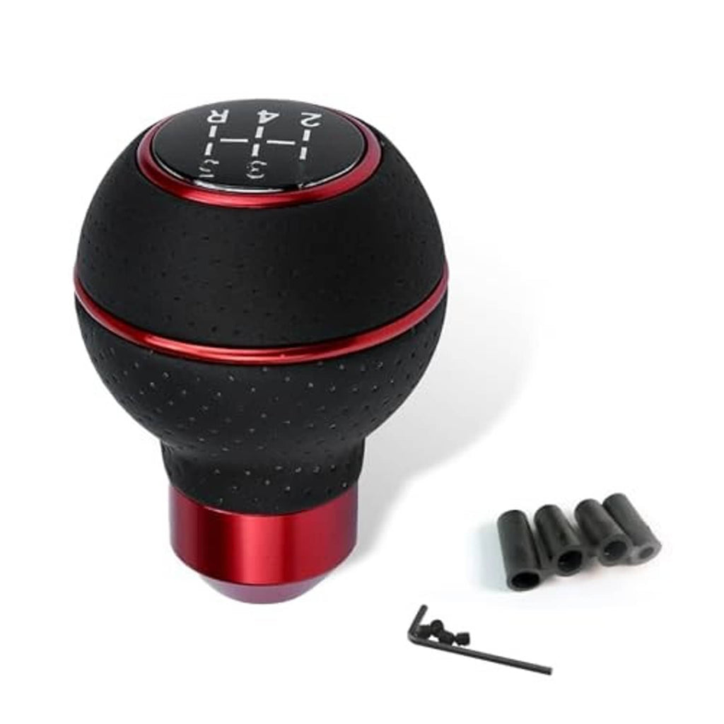 Black leather ball shift knob with red ring, numbered gear indicator, and adapters