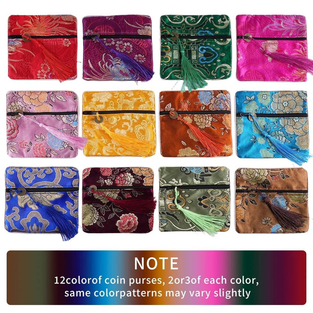 Assorted embroidered silk brocade coin purses with tassels and zip closure