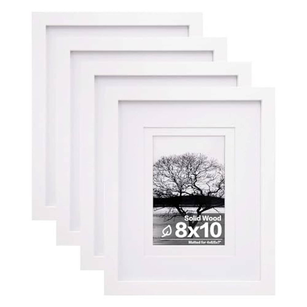 Set of 4 white picture frames with plexiglass, 8x10 front view, stacked arrangement
