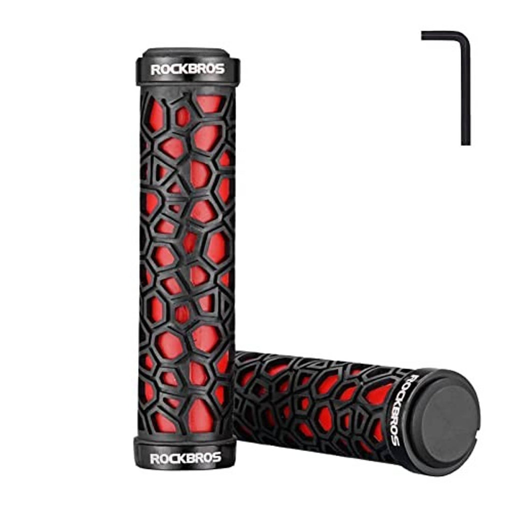 Red and black patterned lock-on bike handlebar grips with end cap, single view