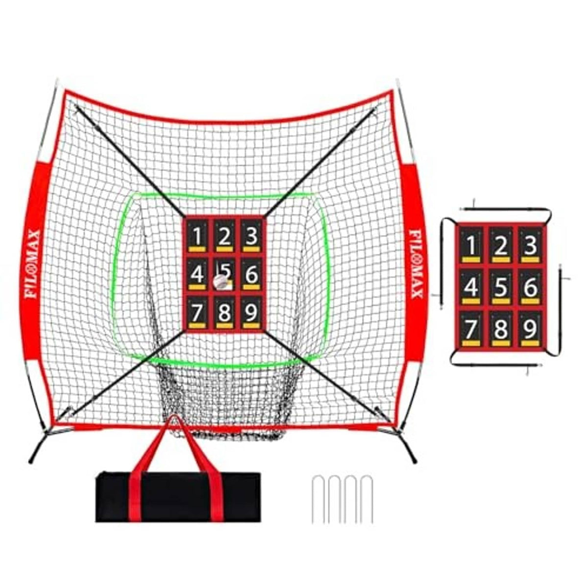 Red and white baseball practice net with green target outline and numbered strike zone board