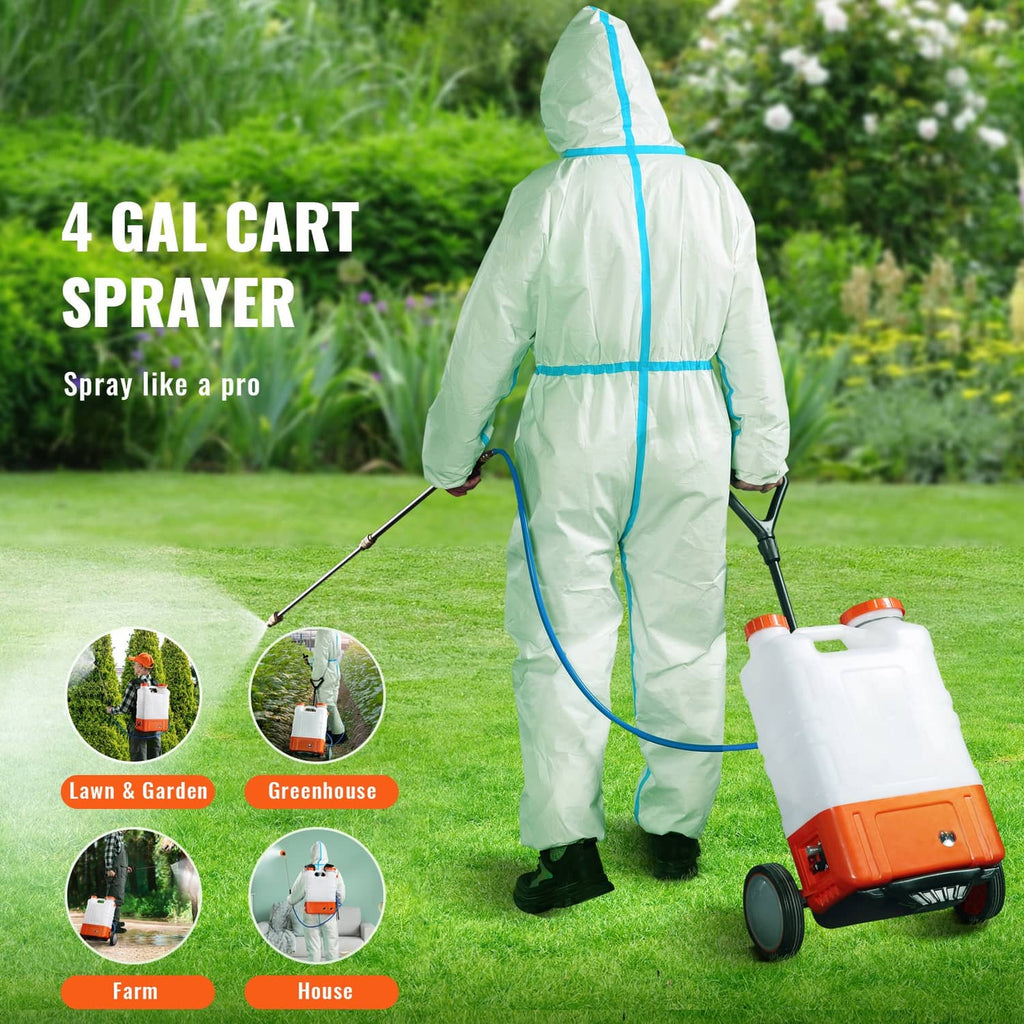 Portable garden sprayer with padded protective suit and wheeled 4-gallon white-and-orange tank