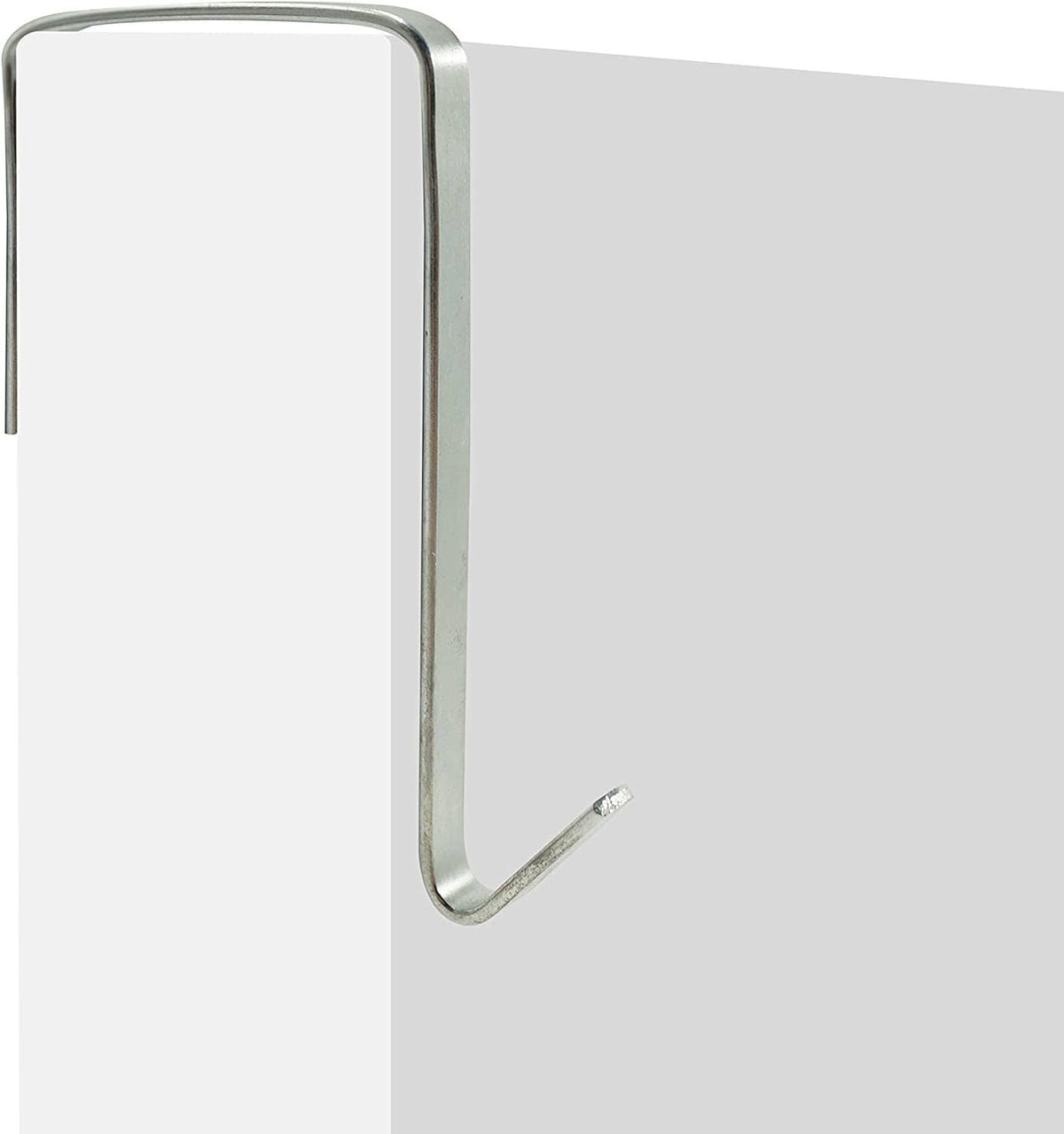 Over-the-door metal hook hanger with curved hook end and open U-shaped frame