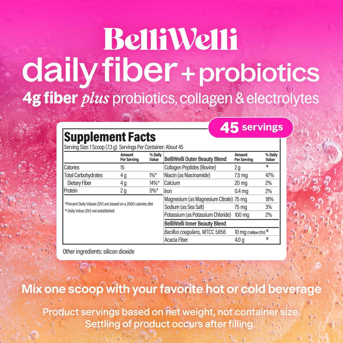 Fiber + probiotics supplement facts label on tub, 45 servings.