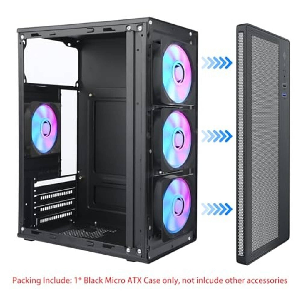 Black desktop case open side, showing RGB cooling fans and vented panel