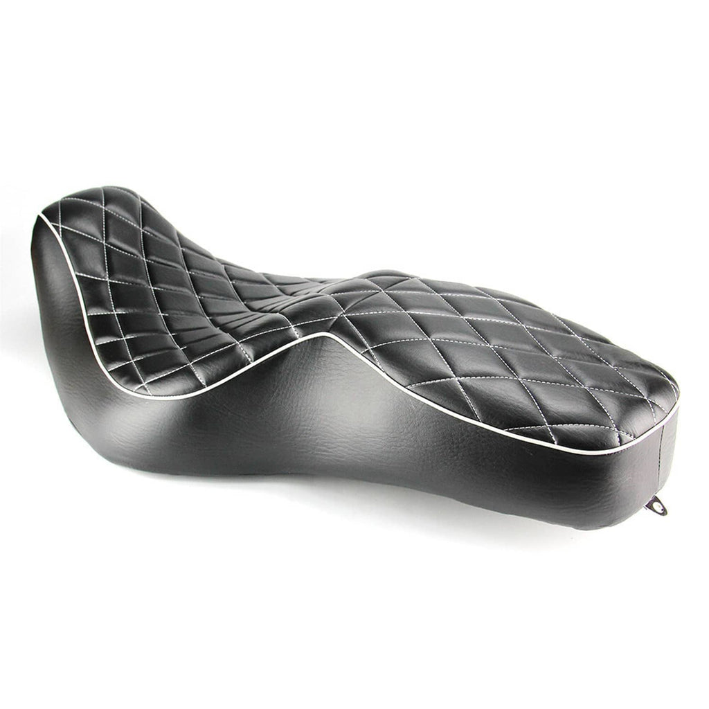 Two-up motorcycle seat in black, diamond-quilted upholstery with contrast white piping