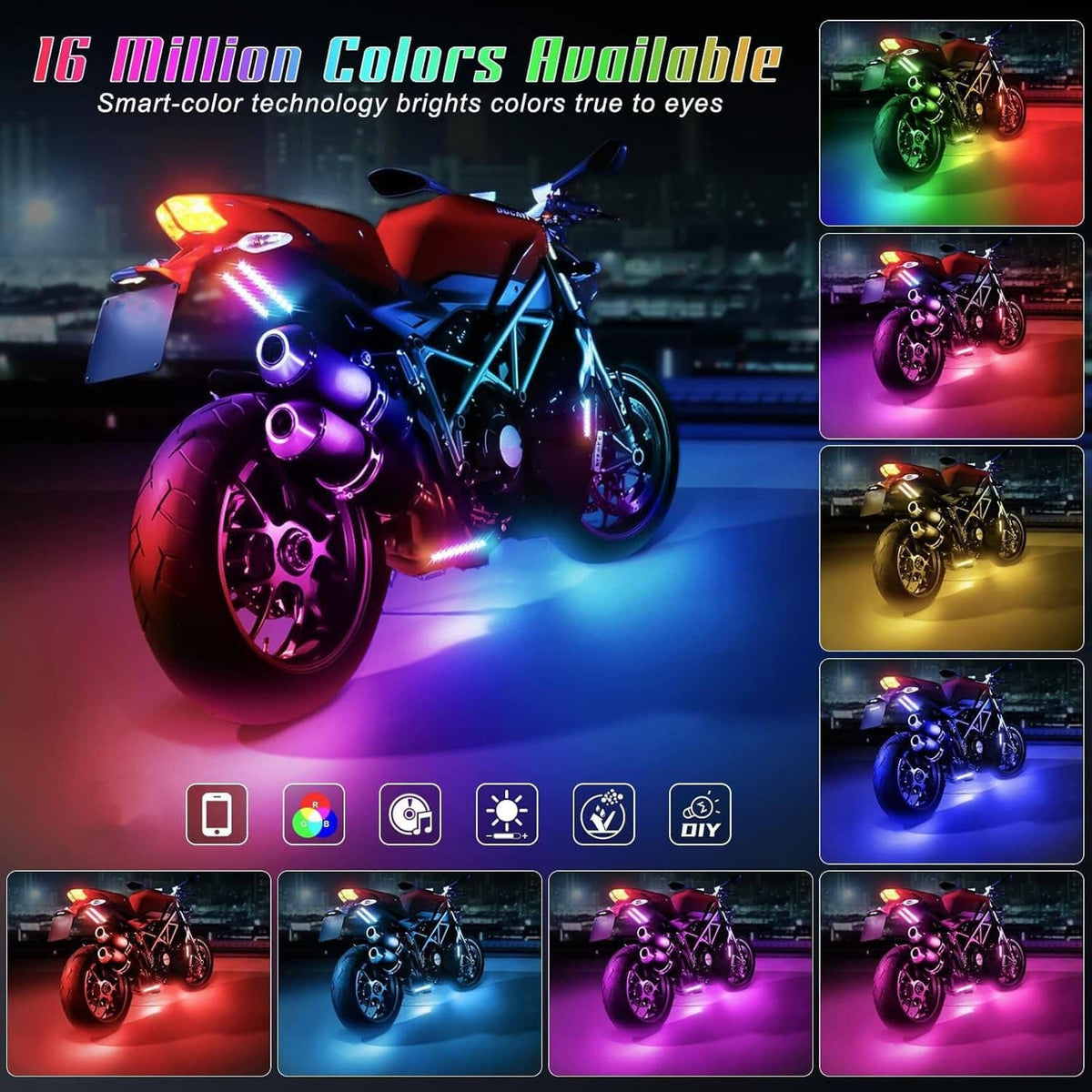 Motorcycle RGB LED light kit showing bright multicolor lighting effects on wheels